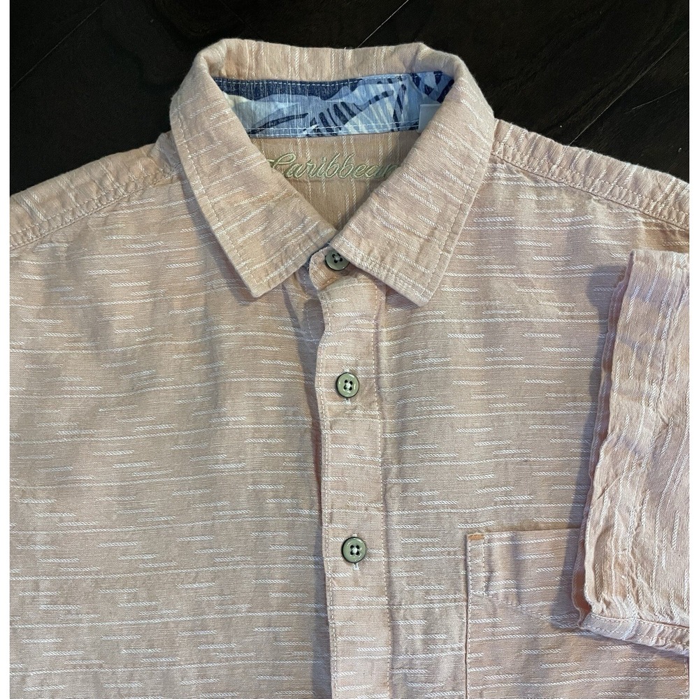Caribbean Button Down Shirt Men Lg Peach Linen Blend Short Sleeve Textured Beach